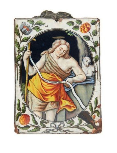 null PLAQUE en émail peint polychrome représentant saint Jean-Baptiste dans un médaillon...