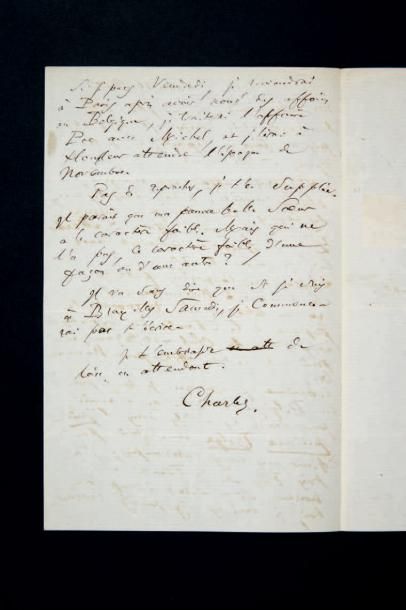 BAUDELAIRE (Charles) Lettre adressée à sa mère. Sans lieu [Paris], lundi 10 août...