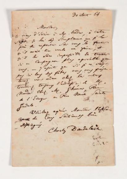BAUDELAIRE (Charles) Lettre adressée à Adolphe O'Connell. Bruxelles, 30 août 1864.
Lettre...