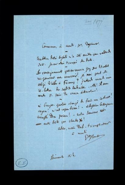 FLAUBERT (Gustave) Lettre adressée à Edmond Laporte.
Sans lieu ni date [novembre...