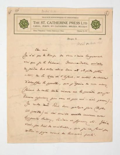GIDE (André) Lettre adressée à un ami [Valery Larbaud ]. Bruges, sans date [mai 1911].
Lettre...