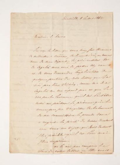 LAMARTINE (Alphonse de) Lettre adressée au baron Gérard. Marseille, 8 juillet 1832.
Lettre...