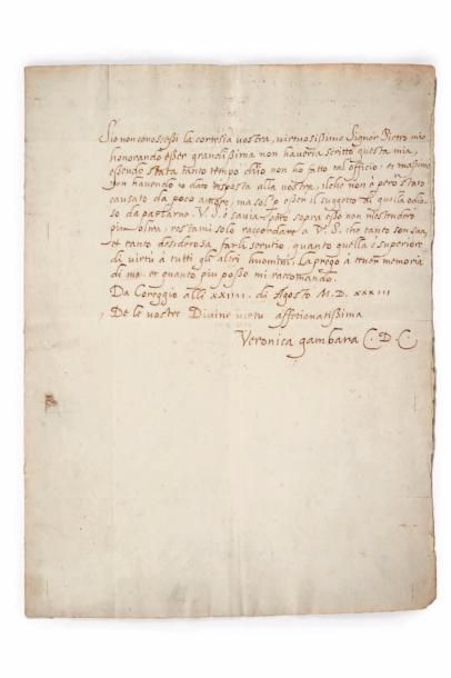 GAMBARA (Veronica) Lettre adressée à l'Arétin. Correggio, 24 août 1533.
Lettre autographe...