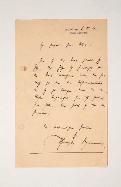 MANN (Thomas) Lettre adressée à M. Alber. München, 6. IV. 14.
Lettre autographe signée...