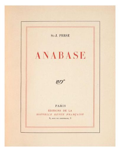 SAINT-JOHN PERSE Anabase. Paris, Éditions de la Nouvelle Revue Française, 1924.
In-4...