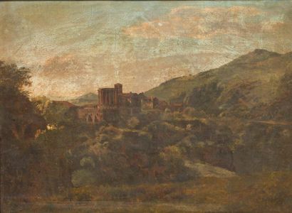 ECOLE XIXe SIÈCLE Vue d'un paysage italien Huile sur toile(marouflée sur un panneau)....