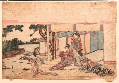 KATSUSHIKA HOKUSAI(1760-1849) 
Oban yoko-e, quatre femmes sur une véranda admirant...