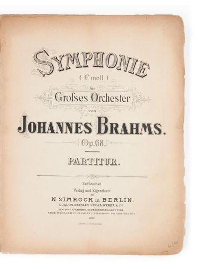 BRAHMS, Johannes Symphonie (C Moll) für Grosses Orchester. (...) Op. 68. Partitur....