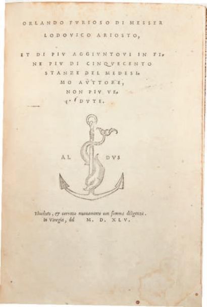 Ariosto, Ludovico Orlando furioso. [Suivi de:] Cinque canti. Venise, Paolo Manuzio,...