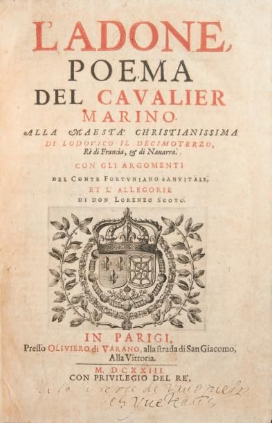 MARINO, Giovan Battista, dit le Cavalier L'Adone... Con gli argomenti del Conte Fortuniano...