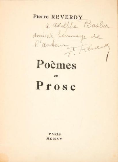 REVERDY, Pierre Poèmes en prose. Paris, Paul Birault, pour l'auteur, 1915. in-12...