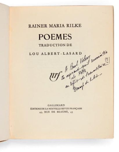 RILKE, Rainer Maria Poèmes. Traduction de Lou Albert-Lasard. Paris, Gallimard, 1937....