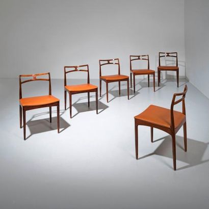 JOHANNES ANDERSEN (1903-1995) 
Suite de six chaises modèle «94»
Palissandre et cuir...