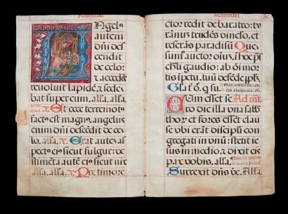 null Double feuilles de vélin d'une grande Bible avec initiale A enluminée illustrée...