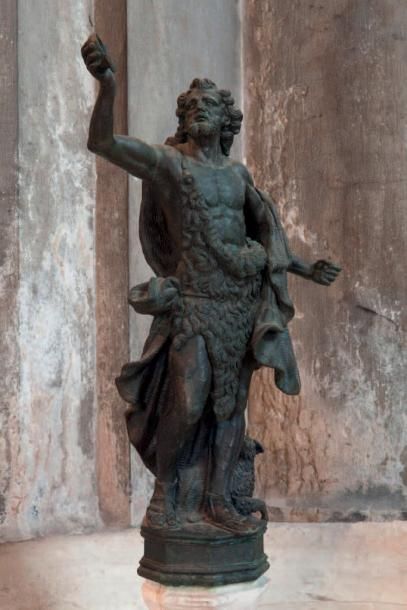 null Saint Jean-Baptiste en bronze à patine brune sur une terrasse en bronze portant...