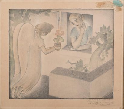 Anto Carte (1886-1954) L'ange au pot de fleur, 1937
Lithographie rehaussée aux crayons...