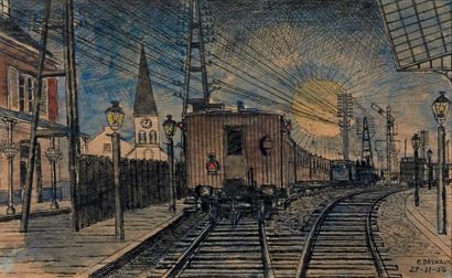 Paul DELVAUX (1897-1994) Train et gare de triage, 1956
Aquarelle et encre sur papier.
Signée...