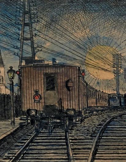 Paul DELVAUX (1897-1994) Train et gare de triage, 1956
Aquarelle et encre sur papier.
Signée...