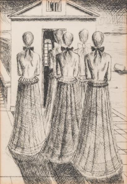 PAUL DELVAUX (1897-1999) Groupe de cinq femmes de dos
Pointe sèche.
H_15 cm L_10,5...