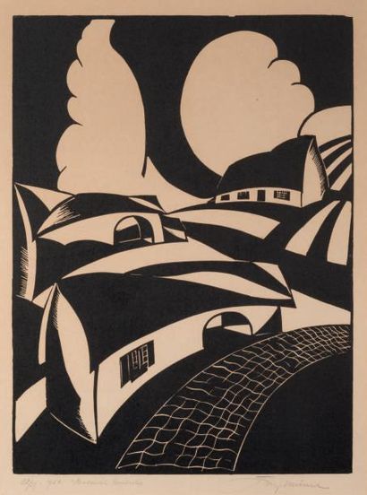 JORIS MINNE (1897-1988) Paysage brabançon/Brabants landschap, 1923
Gravure sur linoléum....