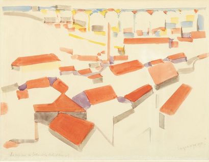 Jacques LAGRANGE (1917-1995) 
Les maisons de Satie et les toits d'Arcueil, 1953
Aquarelle...
