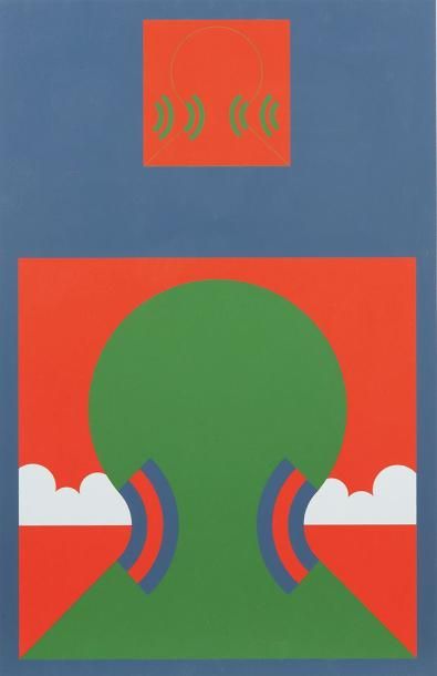 ADO SATO (1936-1974) 
Silhouettes vertes et rouges sur fond bleu, 1972
Lithographie...