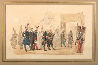 Eugène LAMI (1800-1890) L’arrivée du Président à la chambre des Députés

Plume, aquarelle.

H_19,8...