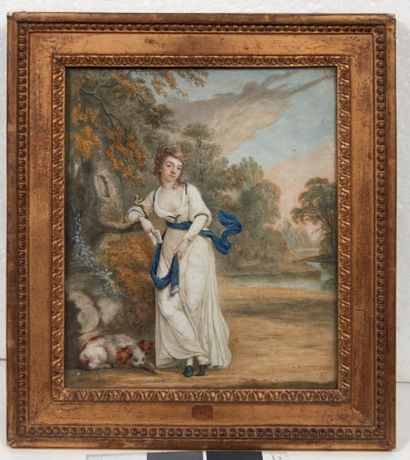 Ecole Anglaise du XVIIIe siècle Jeune femme tenant un livre dans un paysage

Aquarelle.

H_24,2...