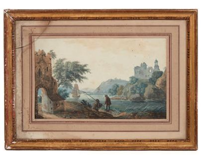 École FRANÇAISE du XVIIIe siècle Paysage aux pêcheurs

Aquarelle

H_18,5 cm H_29,5...