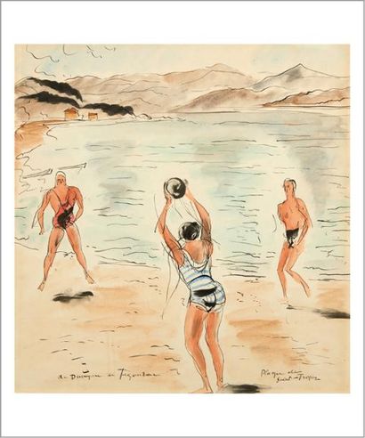 André DUNOYER DE SEGONZAC (1884-1974) Plage de Saint-Tropez Aquarelle sur papier....