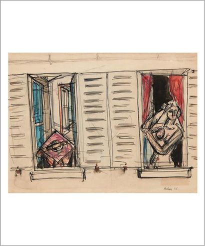 Jean HÉLION (1904-1987) 
Les deux fenêtres, 1946
Aquarelle et crayon sur papier.
Signé...