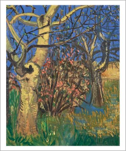 Paul REBEYROLLE (1926-2005) 
Paysage à l'arbre, 1950
Huile sur papier kraft marouflé...