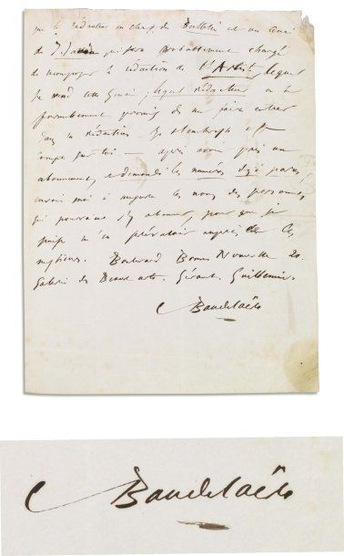 BAUDELAIRE Charles. Lettre autographe signée « C. Baudelaire », 2 pages pleines in-4...