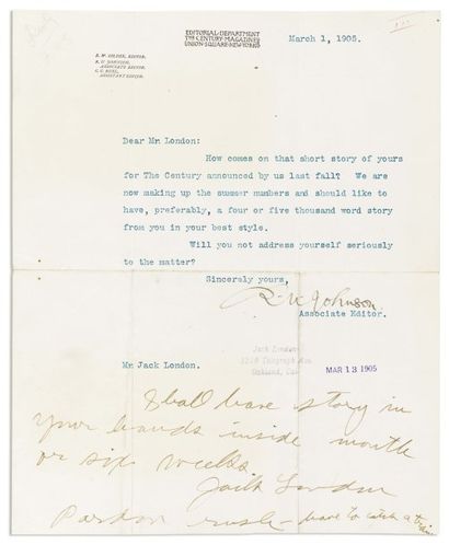 LONDON Jack (1876-1916) Ecrivain américain. Message autographe signé « Jack London...