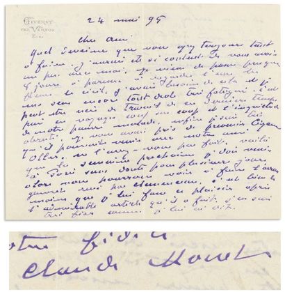 MONET Claude (1840-1926) Peintre impressionniste français. Lettre autographe signée,...