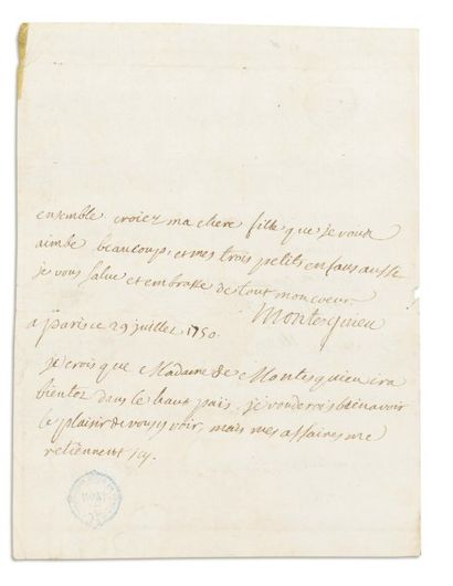 MONTESQUIEU, Charles de Secondat, Baron de La Brède et de. Lettre autographe signée,...