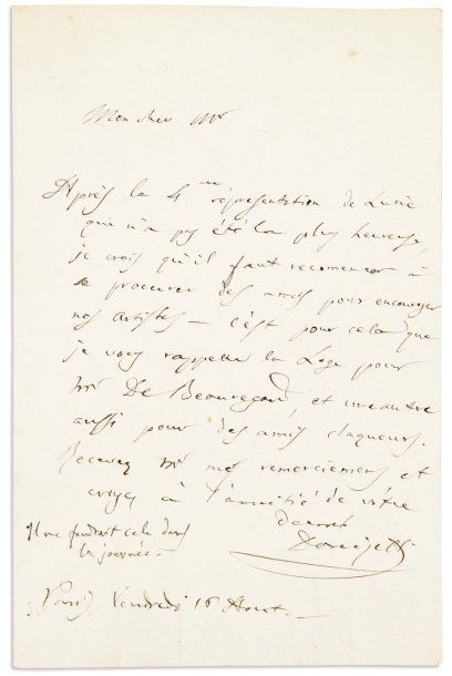 MUSIQUE du XIXe siècle. Quatre lettres autographes signées, 4 pages in-8. Bel ensemble...