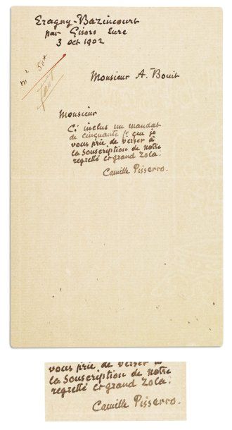 PISSARRO Camille (1830-1903) Peintre impressionniste français. Lettre autographe...