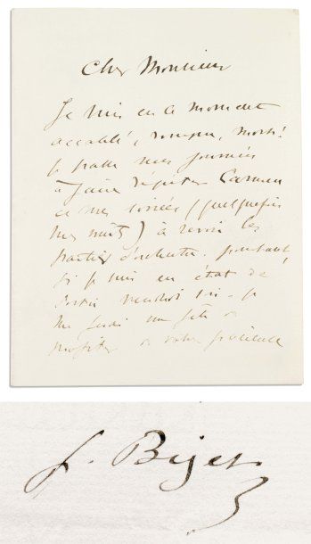 BIZET Georges. Lettre autographe signée, 1 ½ pages in-12 ; [Paris, fin 1874/début...