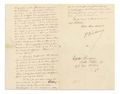 VERLAINE Paul. Lettre autographe signée « P. Verlaine », 2 ½ pages in-8 ; Hôpital...