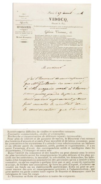 VIDOCQ Eugène-François (1775-1857) Aventurier et détective français. Lettre signée,...