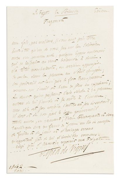 VIGNY, Alfred de (1797-1863) Poète, romancier et dramaturge français. Poème autographe...