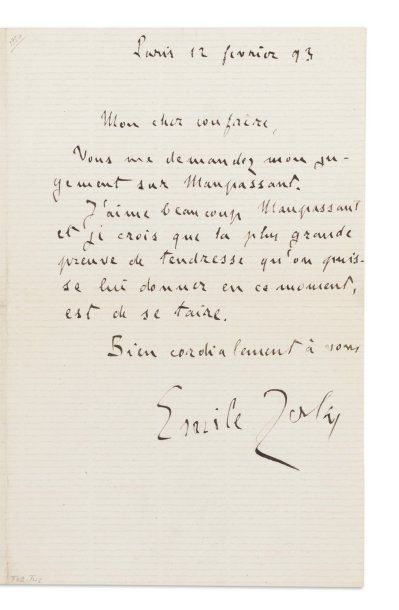 ZOLA Emile Lettre autographe signée, 1 page in-8 ; Paris, 12 février 1893. Précieux...