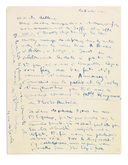 CENDRARS Blaise (1887-1961) Ecrivain suisse naturalisé français. Lettre autographe...