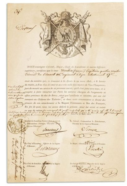 CENT-JOURS, Paris 22 mars 1815. Pièce signée le 22 mars 1815 par sept officiers napoléoniens,...