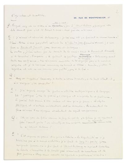 COCTEAU Jean (1889-1963) Ecrivain, poète et peintre. Manuscrit autographe signé,...
