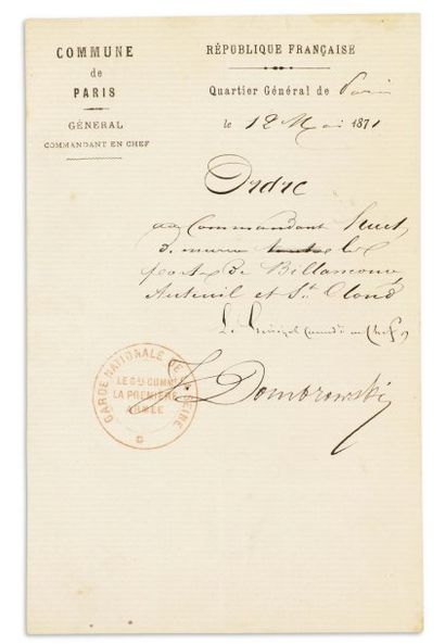 COMMUNE DE PARIS, 1871. Trois lettres ou pièces signées, dont deux autographes, 3...