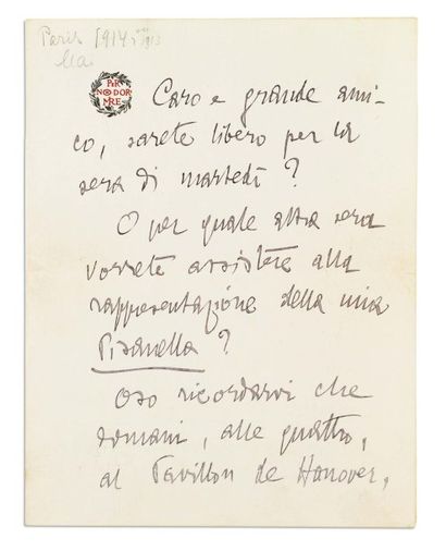 D'ANNUNZIO Gabriele (1863-1938) Ecrivain italien, poète et auteur de théâtre. Lettre...
