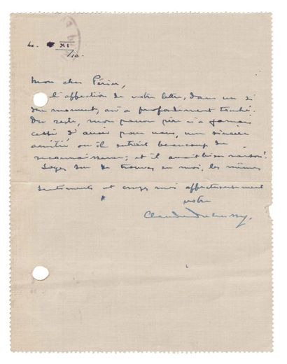 DEBUSSY Claude (1862-1918) Compositeur français. Lettre autographe signée, 2/3 pages...