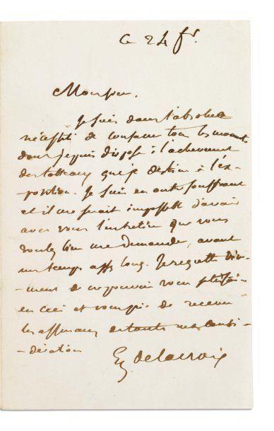 DELACROIX Eugène. Lettre autographe signée « E. Delacroix », 1 page pleine in-8 datée...